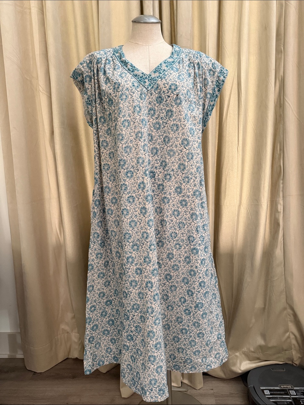 ANOHKI India L XL Blue Floral Midi Dress V-Neck Pockets lightweight block print